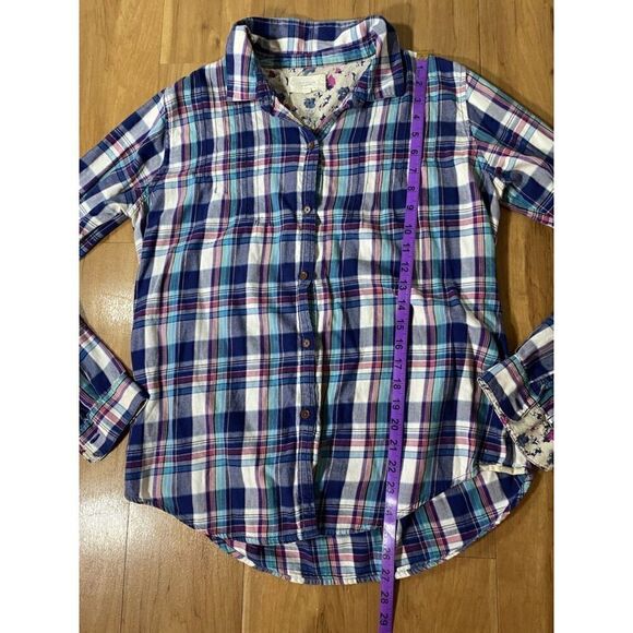 Birds of Paradis by Trovata Shirt Womens L Blue Plaid Roll Tab Sleeve Button Up - Picture 5 of 7